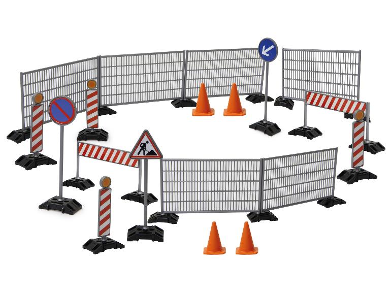 Straßenbau-Spielset: Zäune, Kegel, Schilder.