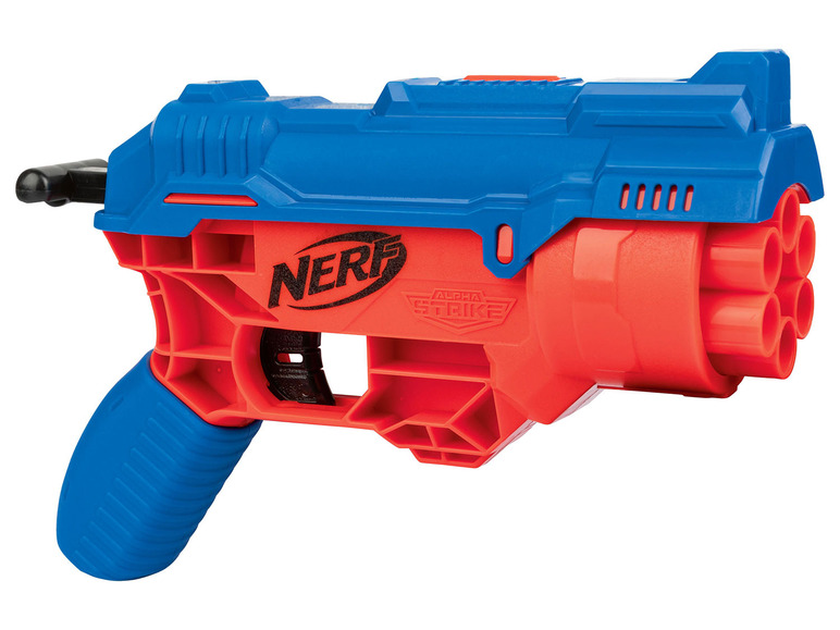 Ein blauer und roter Nerf Alpha Strike Blaster mit einem 6-Schuss-Zylinder.