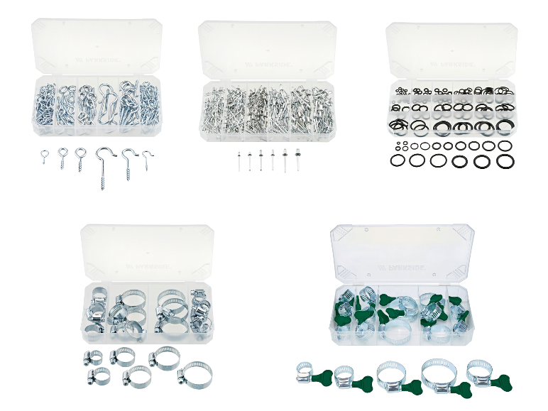 Set aus Schraubösen, Nieten, O-Ringen und Schlauchschellen in sortierten Boxen.