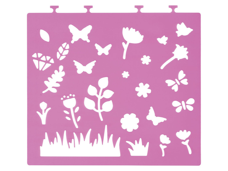 Eine rosa Schablone mit Schmetterlingen, Blumen und Gras.