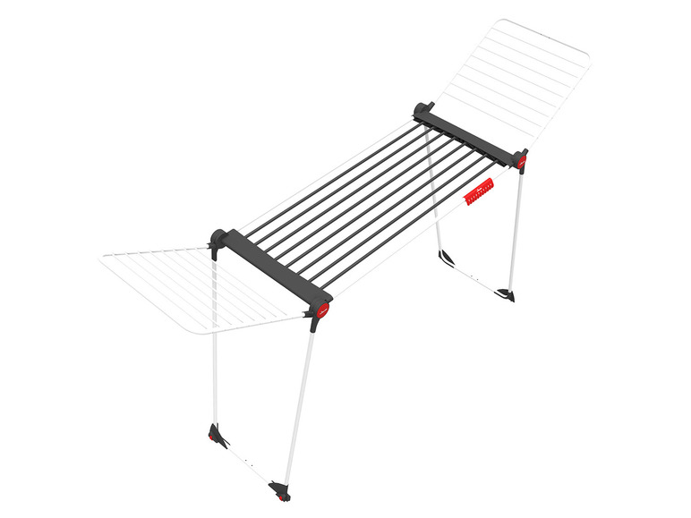 Ein weißer Wäscheständer mit roten Akzenten und schwarzem Rahmen, ausgeklappt.