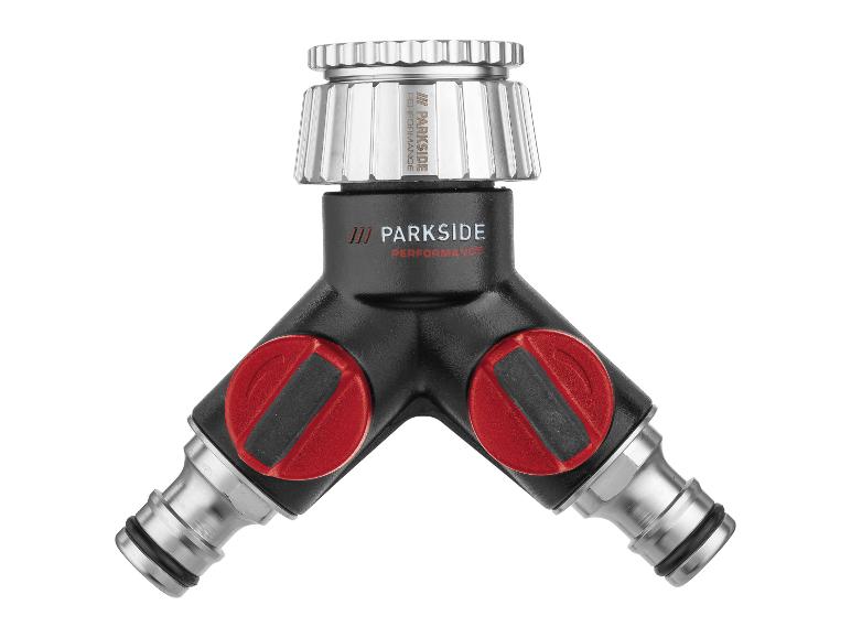 PARKSIDE PERFORMANCE Y-Verteiler für Gartenschlauch mit zwei Ausgängen und individuellen Ventilen.