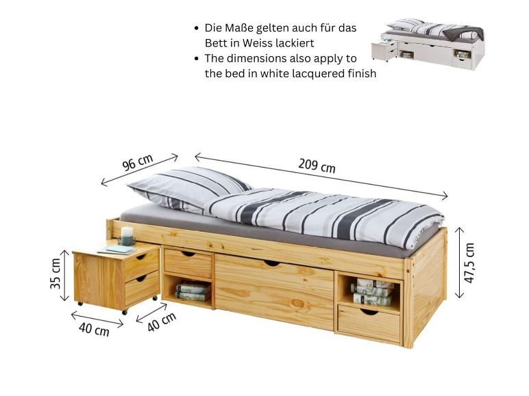 Holzbettrahmen mit Schubladen und ausziehbarem Nachttisch, mit angegebenen Maßen.