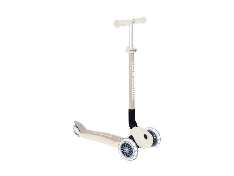 Beiger Kinderroller mit T-Lenker und leuchtenden Rädern.