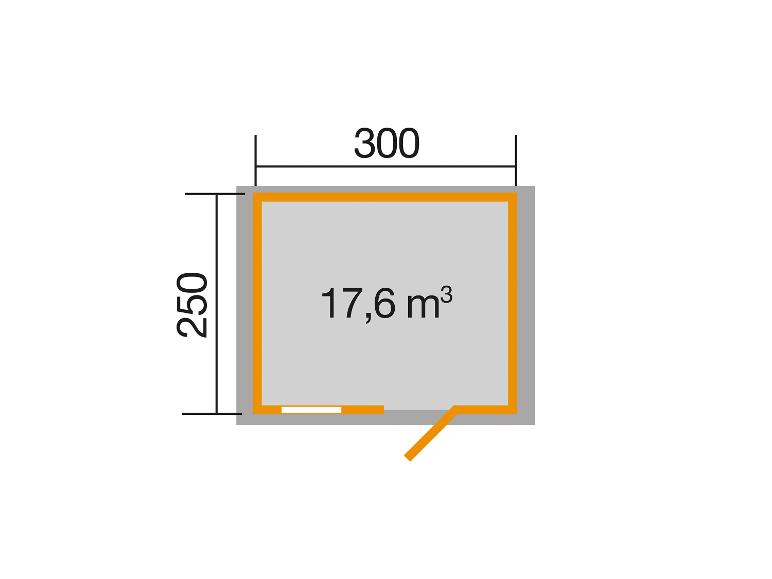 Grundriss mit Maßen 250 und 300 und einem Volumen von 17,6 m³.