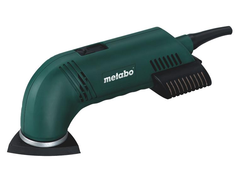 Grüner Metabo Deltaschleifer mit schwarzer Schleifplatte und Netzkabel