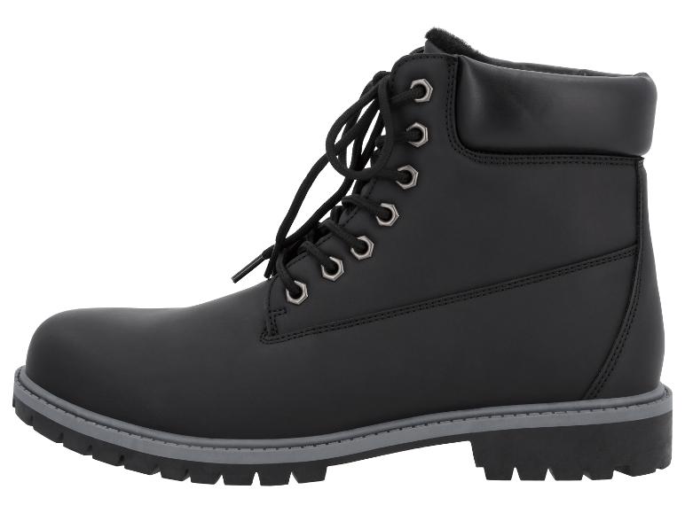 Schwarzer Schnürstiefel mit grauer Sohle.