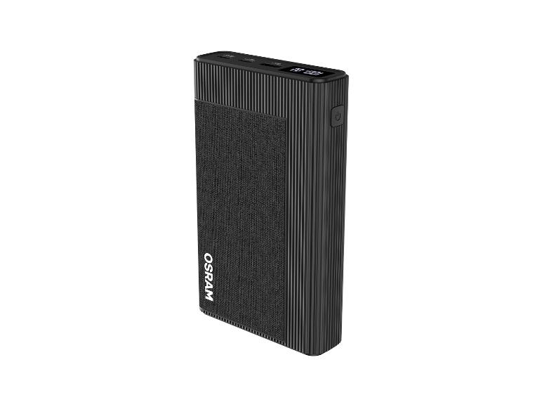 Schwarze Powerbank mit texturierter Oberfläche und Digitalanzeige.