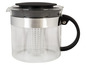 Glaskaraffe mit schwarzem Griff und integriertem Sieb für Tee oder Kaffee.