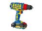 Akku-Bohrschrauber mit Akku, blau und gelb, mit roten Akzenten