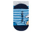 Blaue Socken mit weißen Streifen und einem Surfer-Druck, Marke Mattel.