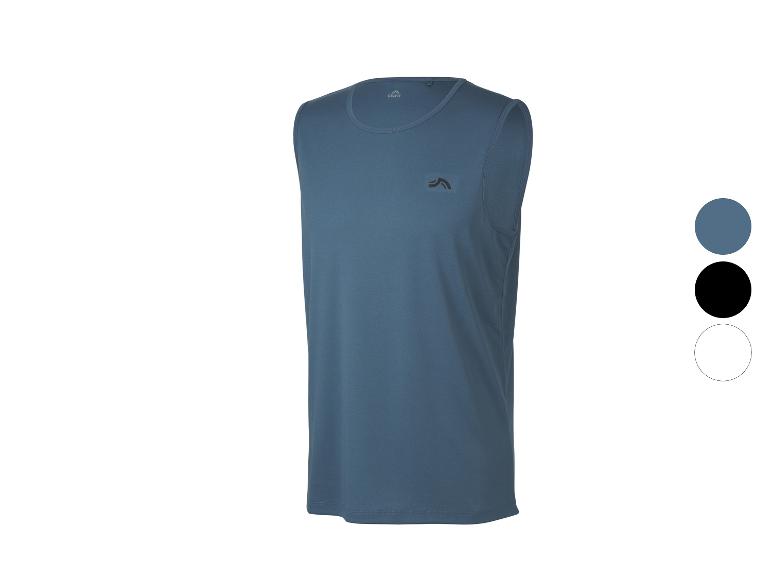 Blaues ärmelloses Sportshirt für Herren mit Logo, auch in Schwarz und Weiß erhältlich.