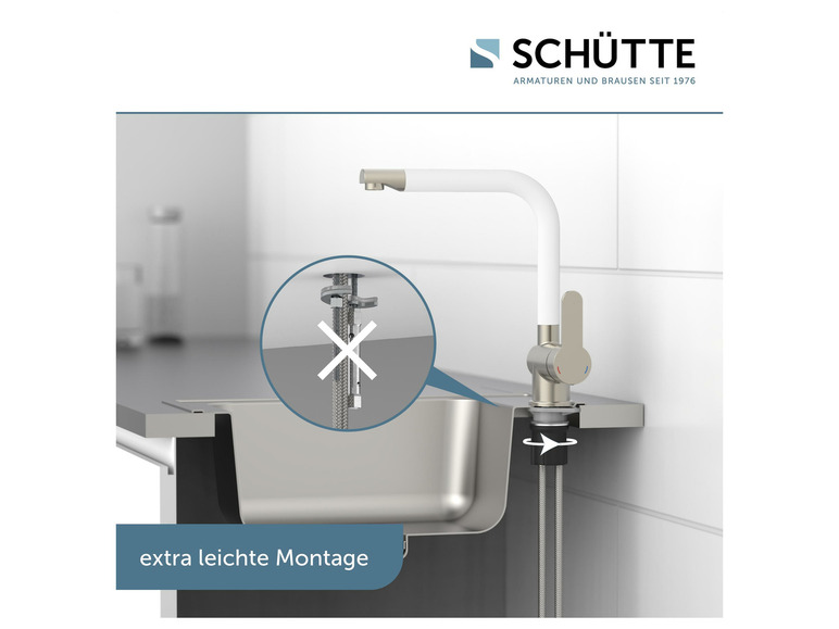 Ein weißer Küchenhahn mit einem Spülbecken und einem Diagramm für eine einfache Installation.