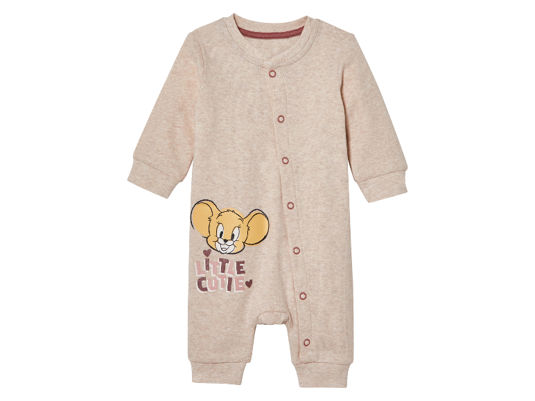 Beige Baby Strampler mit Tom und Jerry Motiv.