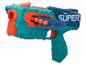 Blaue und orangefarbene Spielzeugpistole mit dem Wort „SUPER“ an der Seite.