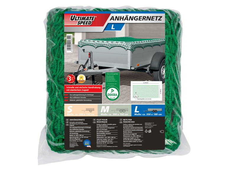 Ein grünes Netz zur Ladungssicherung für Anhänger in Größe L
