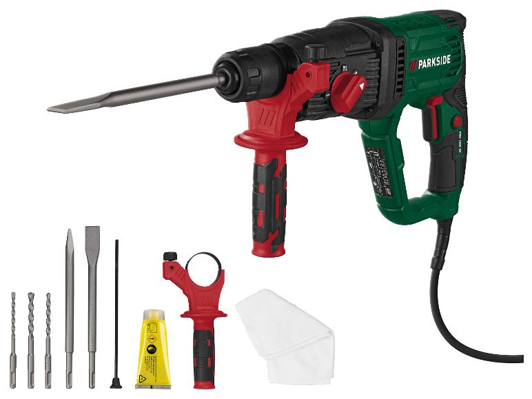 Bohrhammer mit Bohrern, Meißeln, Fett und Reinigungstuch.