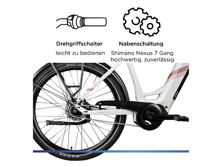 Weißes E-Bike mit Drehgriffschalter und Shimano Nexus 7-Gang Nabenschaltung.