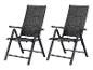 Zwei dunkelgraue klappbare Gartenstühle mit Armlehnen.