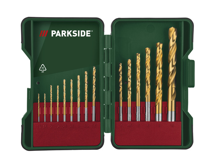 Ein Satz von 12 Bohrer von Parkside in einer grünen Box.