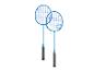 Zwei blaue Badminton-Schläger mit schwarzen Griffen.