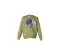 Olivgrünes Kinder-Sweatshirt mit blauem Pailletten-Dinosaurier und dem Wort „DINOSAUR“.