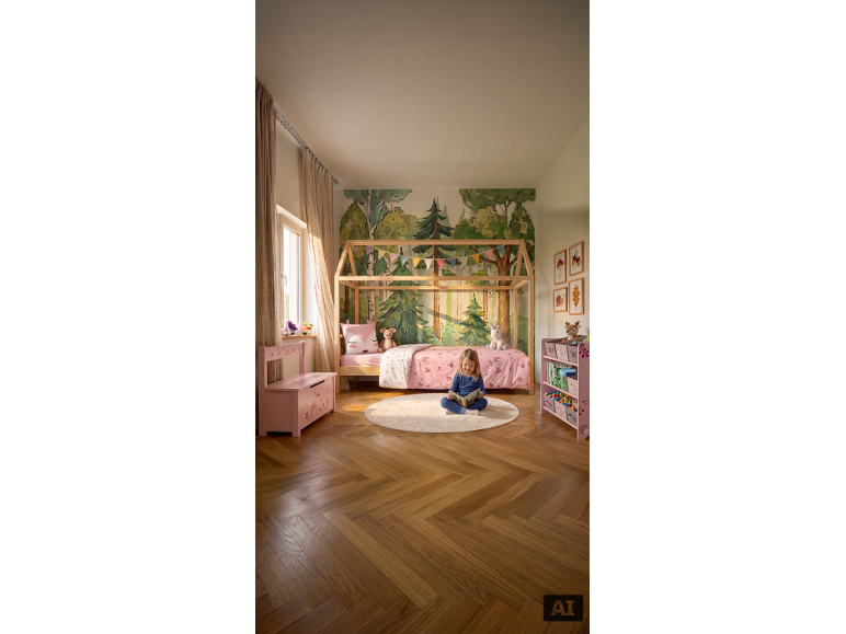 Kinderzimmer mit Hausbett, Waldtapete und lesendem Mädchen.