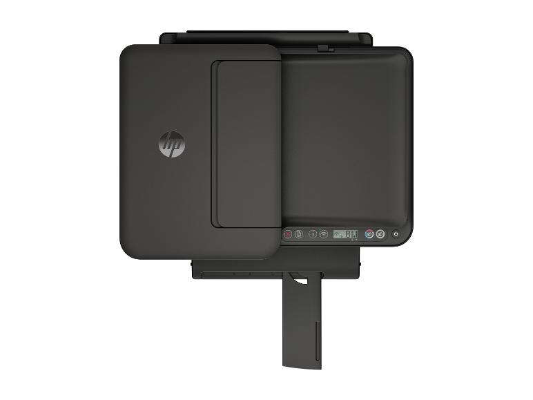 Schwarzer Multifunktionsdrucker von oben, mit Bedienfeld und ausgefahrenem Papierfach.