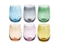 Sechs farbige stiellose Gläser in Blau, Grau, Grün, Bernstein, Rosa und Gelb.