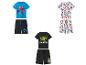 Drei Sets kurzer Kinderpyjamas: blau mit Spider-Man, weiß mit Avengers und schwarz mit Grogu.