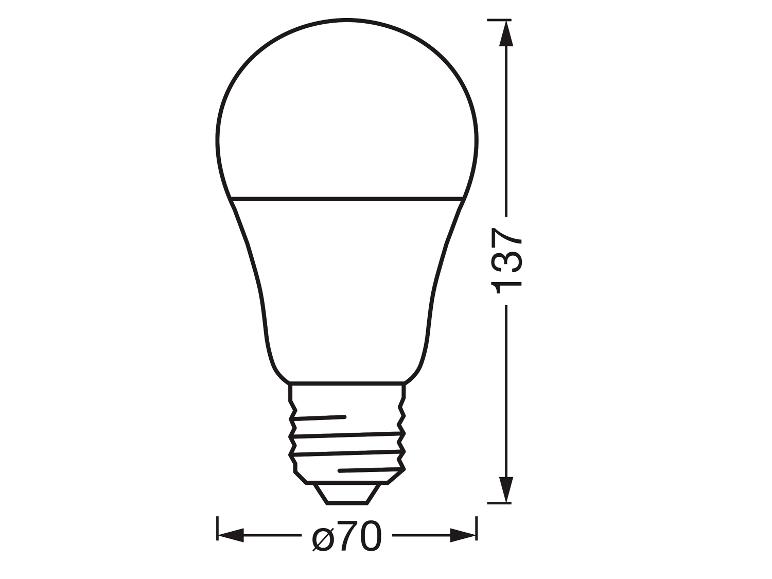 Technische Zeichnung einer LED-Glühbirne mit Maßen: 137 mm Höhe, 70 mm Durchmesser.
