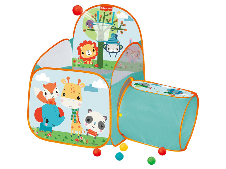 Ein Fisher-Price Spielhaus mit Tiermotiven und Tunnel, inklusive Bällen.