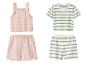 Baby-Sommersets: ein rosa Rüschen-Top und Shorts, sowie ein weiß-grün gestreiftes Set.