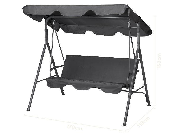 Graue Gartenschaukel mit Dach und gepolsterten Sitzen, Maße 170x118x153cm.