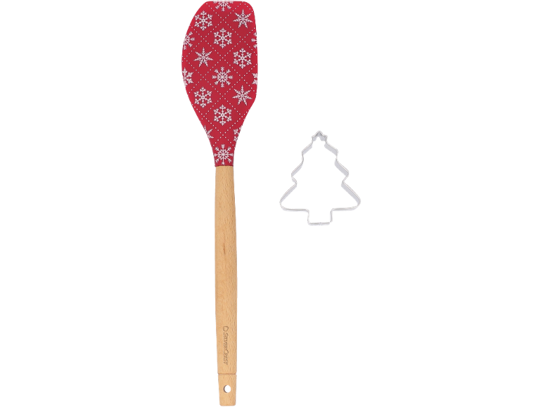 Weihnachtlicher Spatel mit Schneeflockenmuster und einem Weihnachtsbaum-Ausstecher.