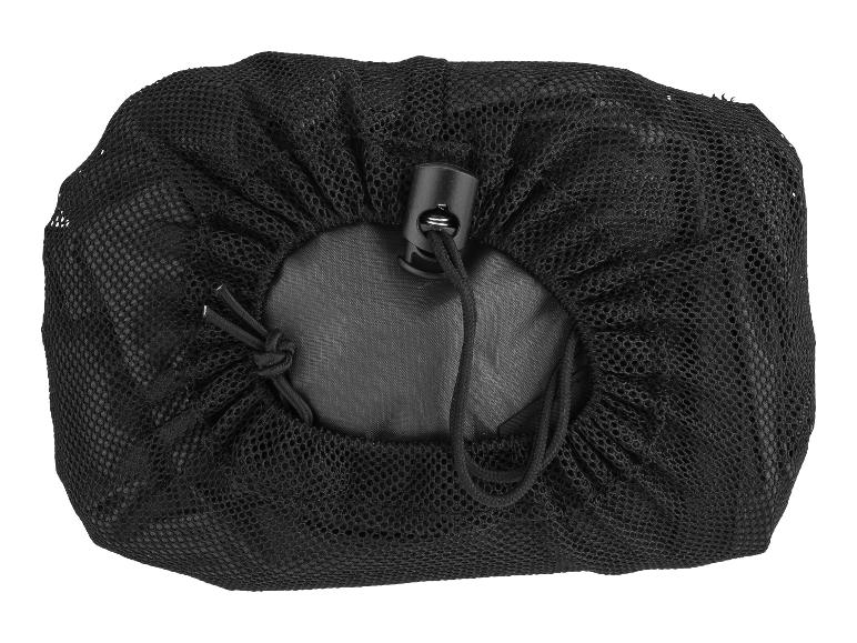 Schwarze Mesh-Aufbewahrungstasche mit Kordelzug.