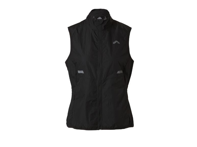Schwarze Sportweste mit Reißverschluss und reflektierenden Details.