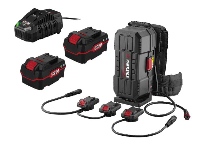Parkside X 20V Team und Performance Akkusystem mit Ladegerät und Rucksackadapter.