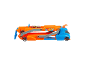 Orange-blauer Spielzeug-Autotransporter mit einem kleinen Auto auf der oberen Ebene.