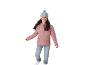 Lächelndes Mädchen in rosa Steppjacke, grauen Jeans und hellblauer Strickmütze.
