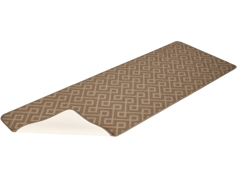 Beiger Läufer mit geometrischem Muster, Draufsicht.