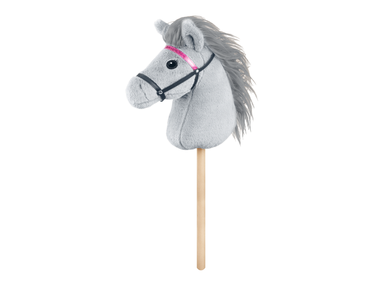 Graues LENA Steckenpferd Hobby Horsing mit rosa glitzerndem Zaumzeug.