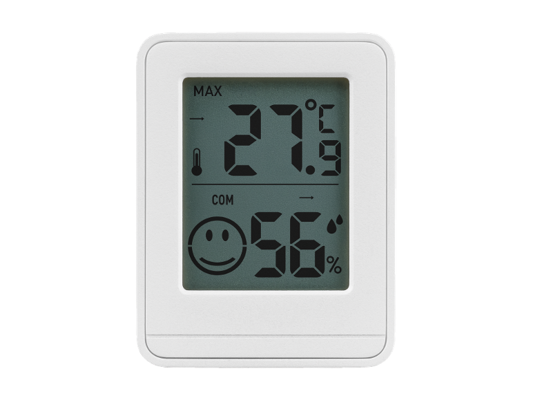 Weißes digitales Thermometer und Hygrometer mit LCD-Anzeige, zeigt 27.9°C und 56% Luftfeuchtigkeit.