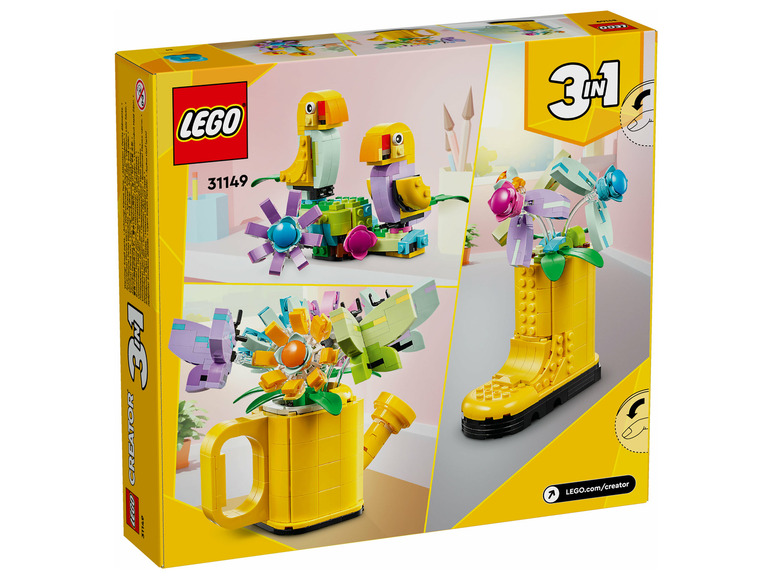 LEGO Creator 3-in-1-Set mit einer Gießkanne, einer Blume in einem Stiefel und einem Vogel.