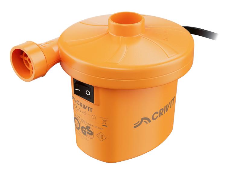 Orangefarbene elektrische Luftpumpe mit schwarzem Netzschalter und Netzkabel.