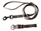 Ein braunes Hundeleine mit Clip und Halsband mit Schnalle.