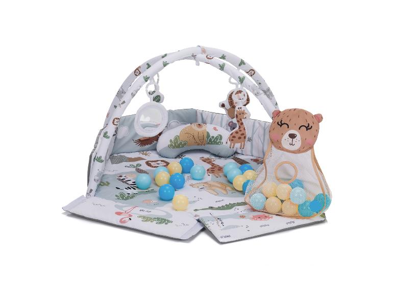 Baby-Spielmatte mit Bogen, Bällen und Bären-Bällekorb im Dschungel-Design.