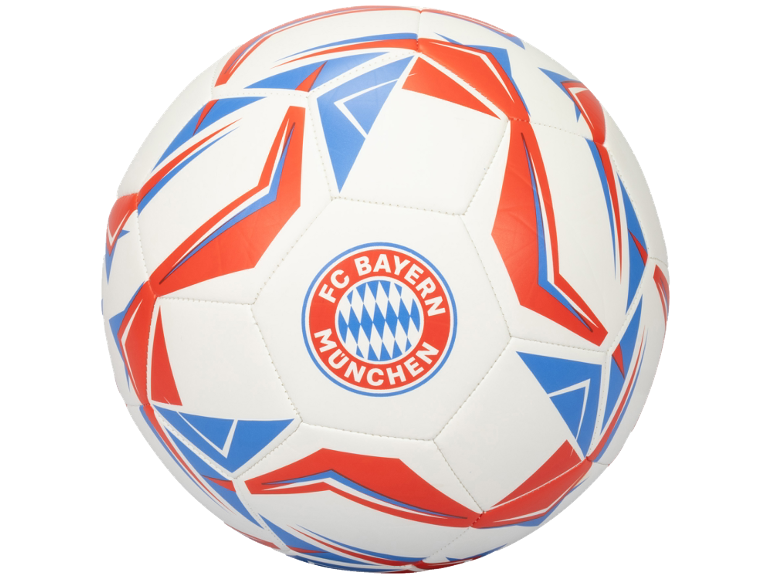 Weißer Fußball mit roten und blauen Details und einem runden Logo in der Mitte.