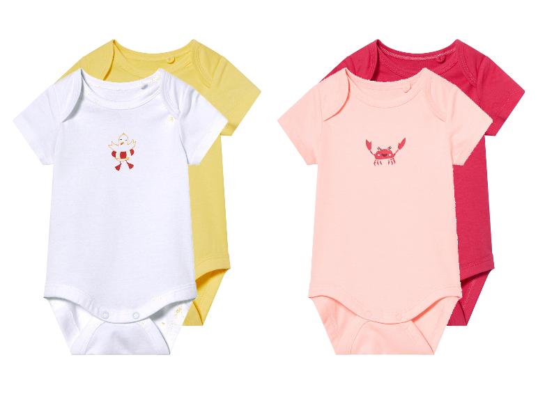 Baby-Bodys, zwei Sets: Entchen und Krabbe, Pastelltöne.