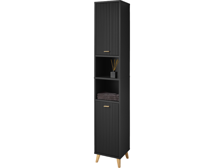 Schwarzer Badezimmer-Hochschrank mit gerillten Türen und Holzbeinen